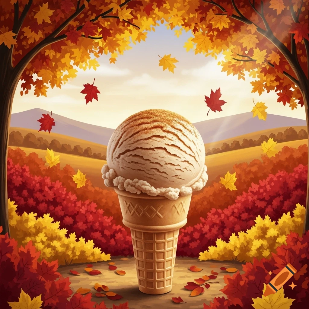 A scoop of cinnamon ice cream in a waffle cone amidst a vibrant autumn landscape with colorful trees and falling leaves.