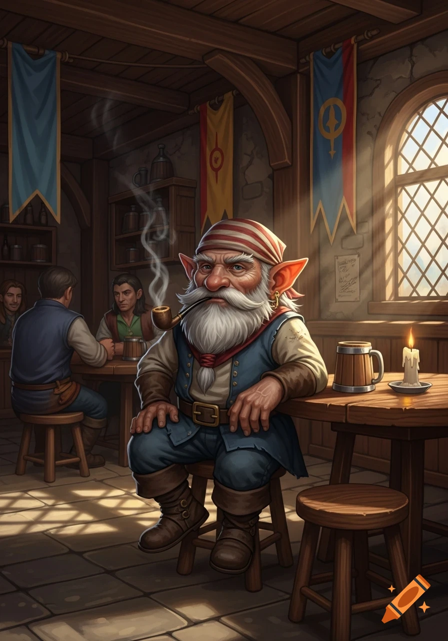 An old gnome sailor with a striped bandana and a white beard smokes a pipe at a table in a fantasy tavern.