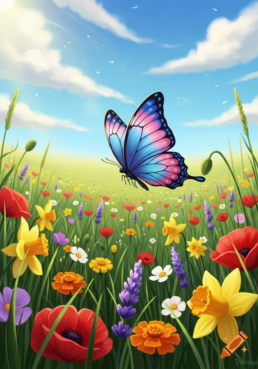 Vibrant blue and pink butterfly flying over a lush green meadow with colorful flowers under a bright blue sky, in a stylized illustration.