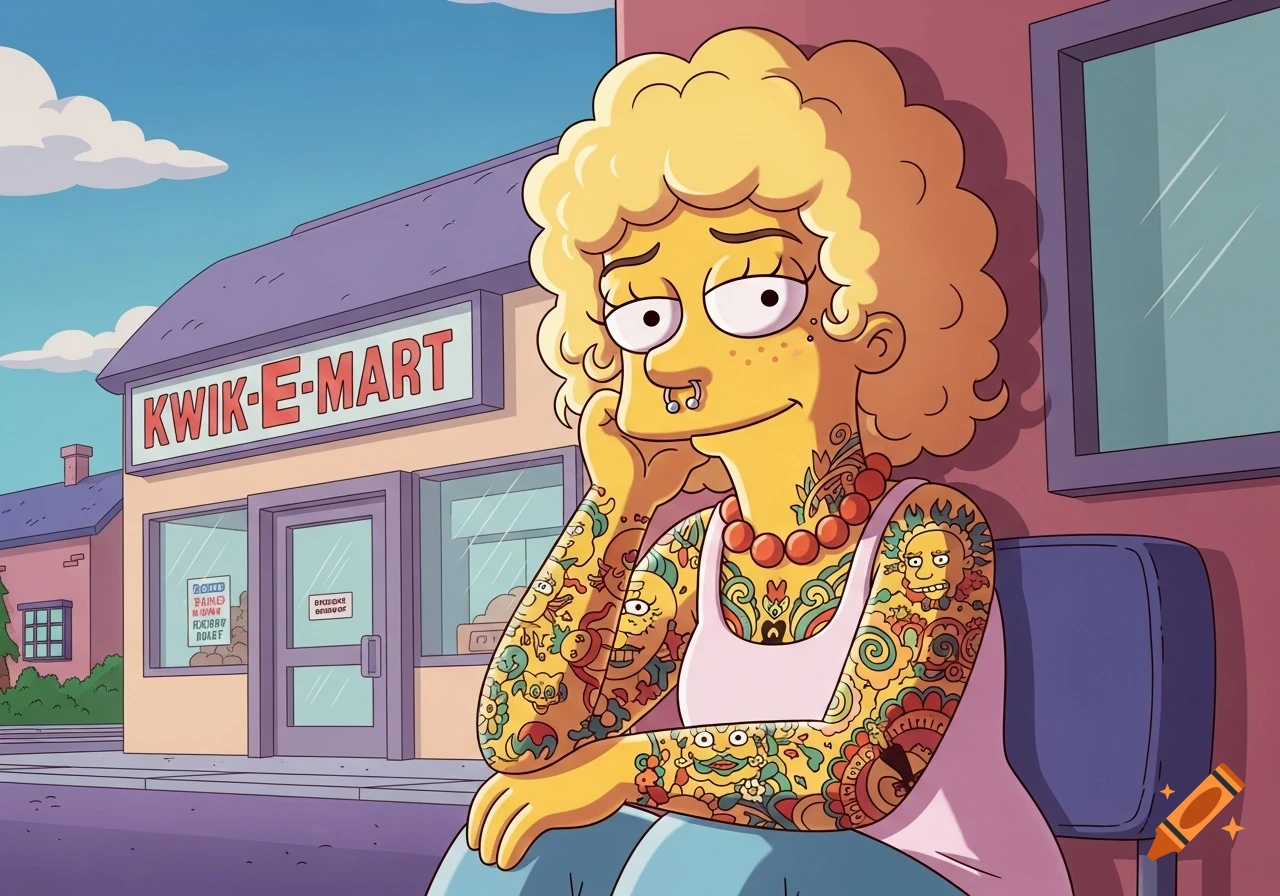 A blonde, curly-haired Simpsons-style character with full arm tattoos and a septum piercing sits outside a Kwik-E-Mart.