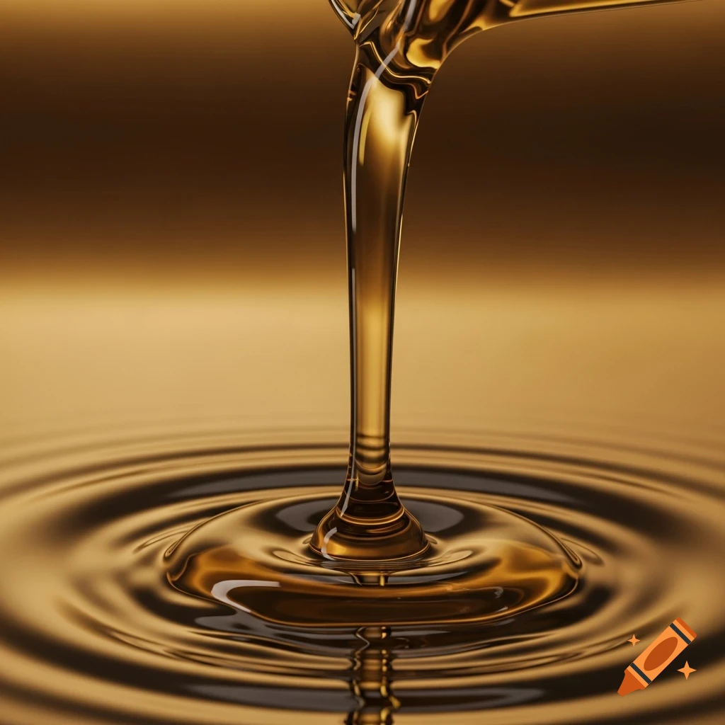A close-up of thick, golden liquid pouring onto a rippling pool of the same liquid.
