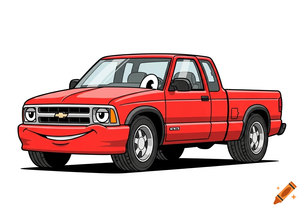 A cartoon-style illustration of a bright red 1992 Chevrolet S10 extended cab pickup truck with smiling headlights.