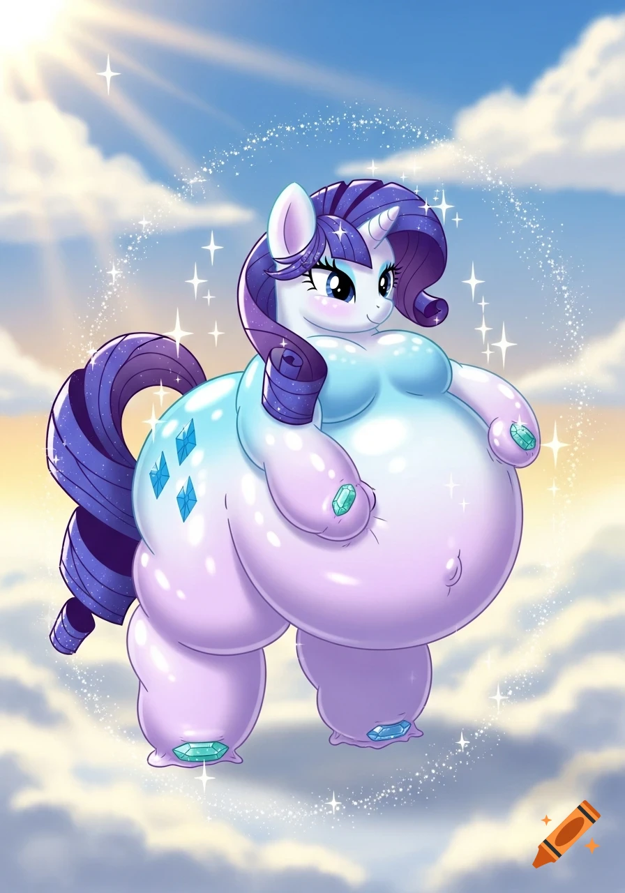 Cartoon Rarity from My Little Pony, heavily inflated into a balloon-like form, floating amidst fluffy clouds with sparkling effects.
