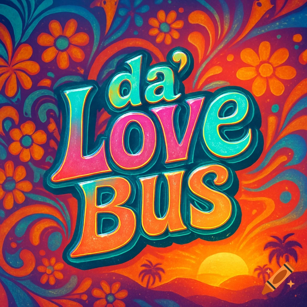 Colorful retro "da' Love Bus" text in a psychedelic floral pattern with a sunset and palm trees.