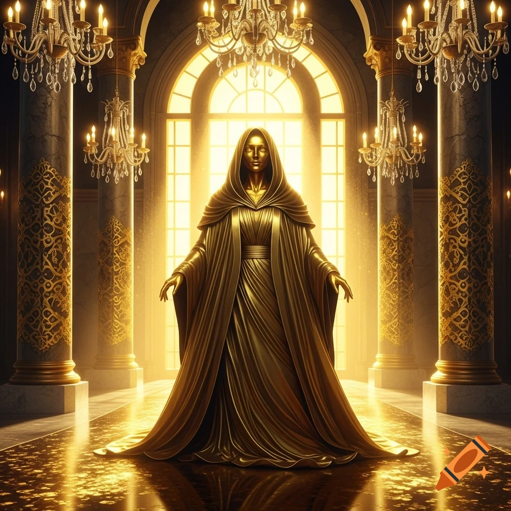 A majestic golden hooded figure stands in a lavish hall with columns and chandeliers, bathed in radiant golden light from a large window.