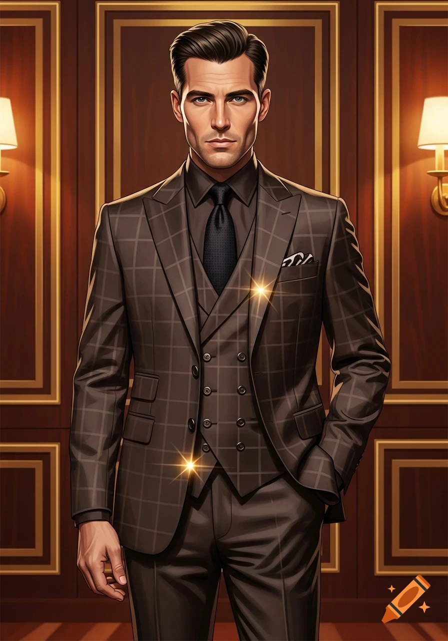 A man in a brown plaid three-piece suit with a dark tie and shirt stands in an elegant, wood-paneled room. Stylized illustration.