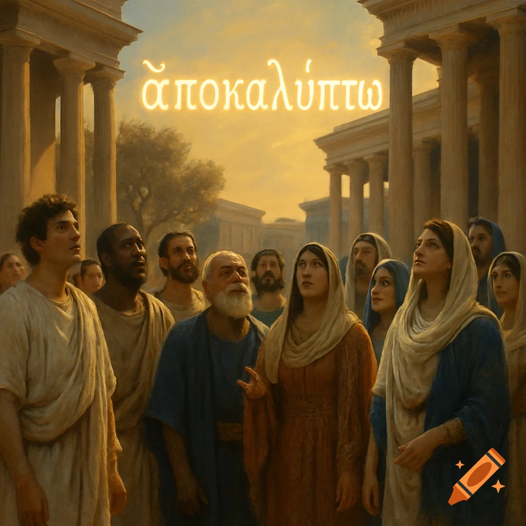 A diverse crowd in ancient Greek attire looks up at the glowing Greek word 'ἀποκαλύπτω' floating in the sky above an agora.