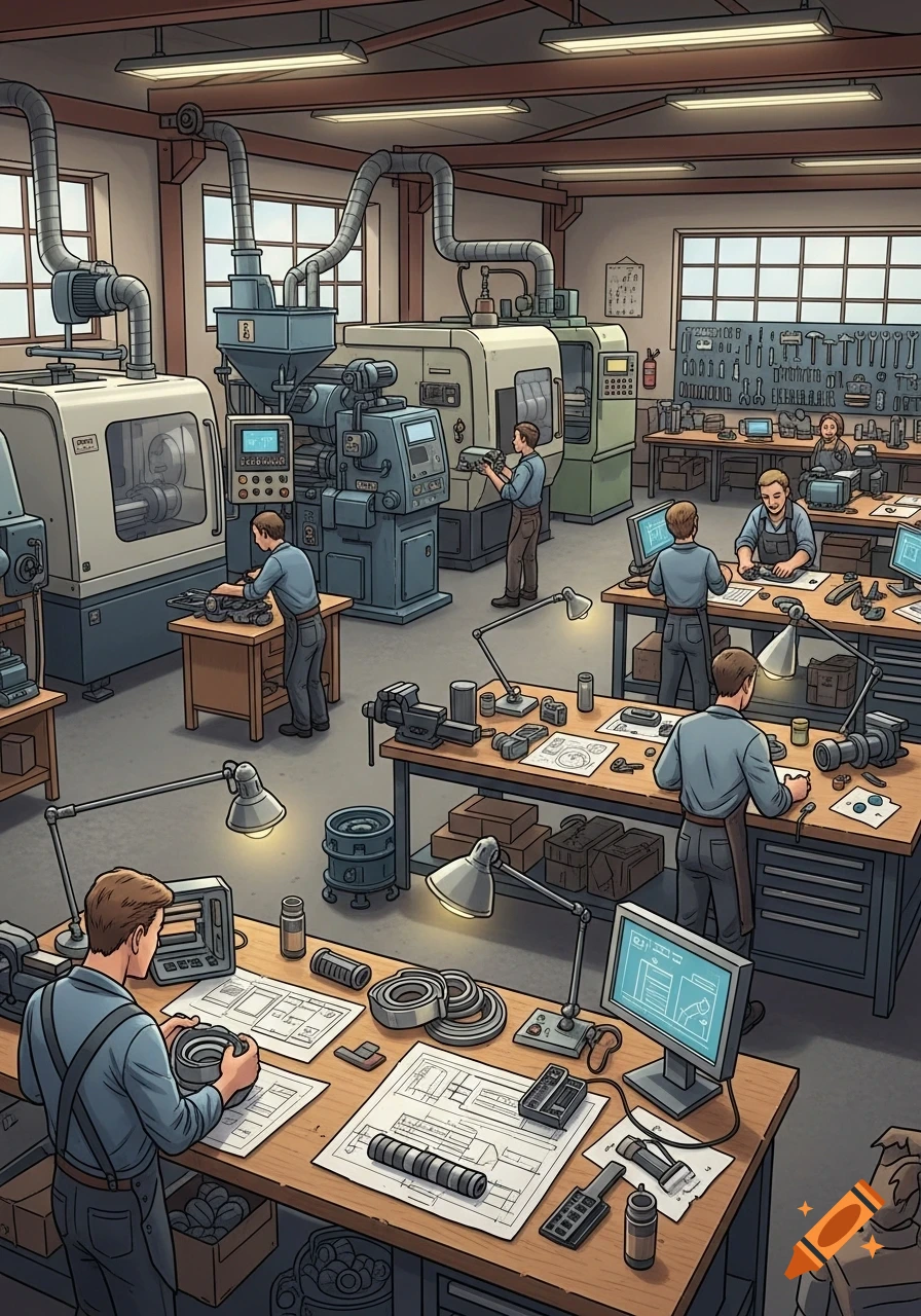 An illustration of a busy workshop with several men working at machines and workbenches, surrounded by tools and blueprints.