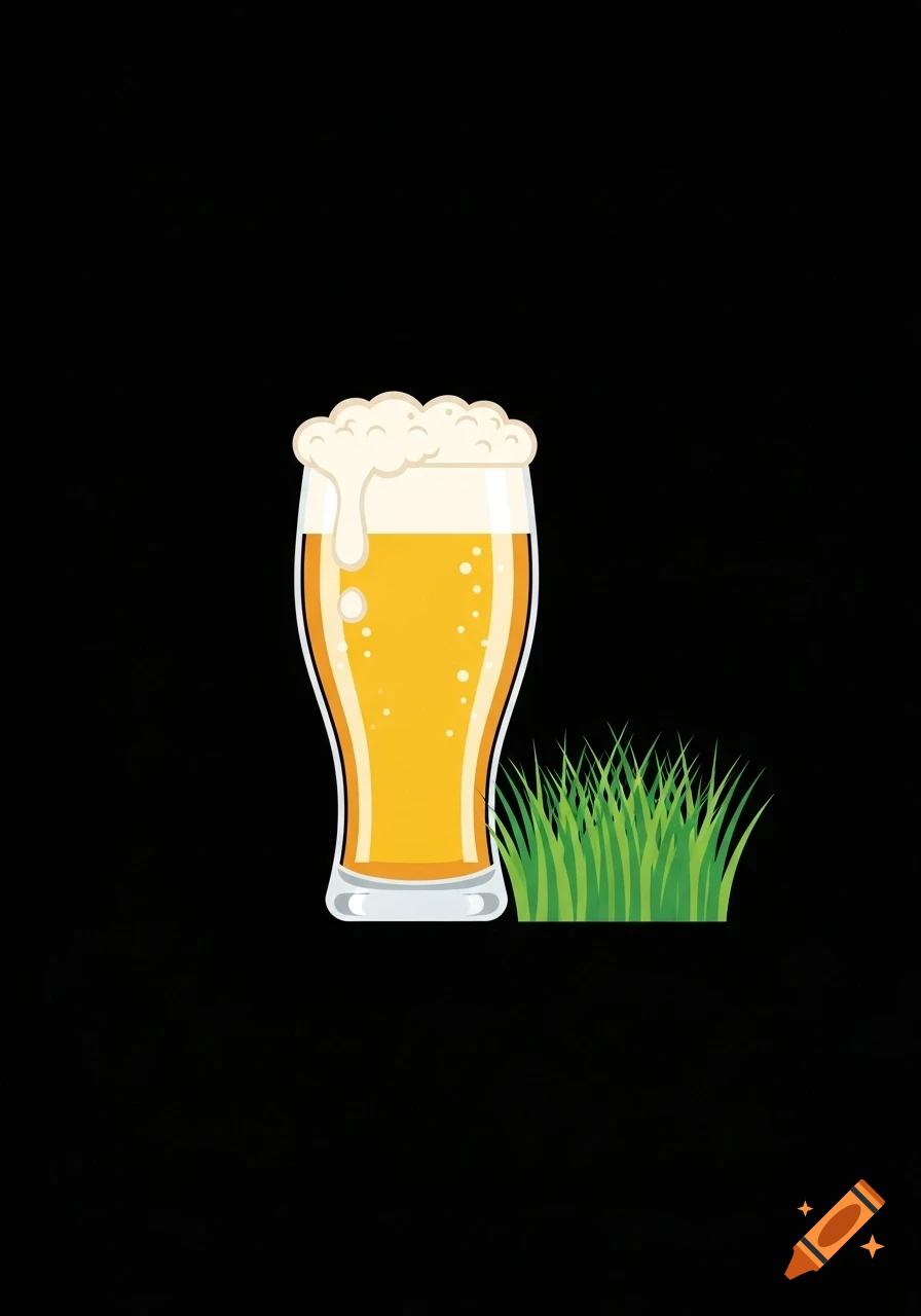Stylized illustration of a foamy glass of beer next to green grass on a black background.