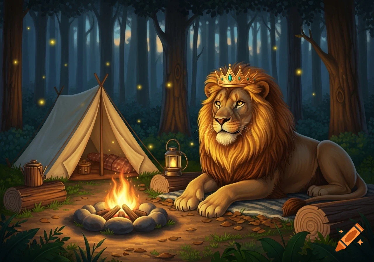 A crowned lion rests by a campfire and tent in a magical forest with fireflies, in an illustrated style.