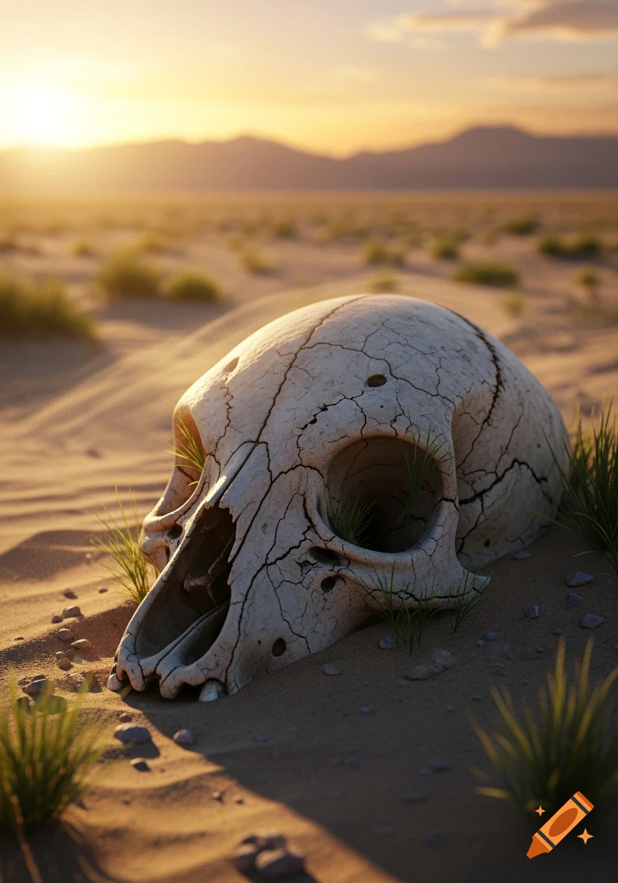 An animal skull lies half-buried in a sandy desert at sunset, with sparse grass and distant mountains.