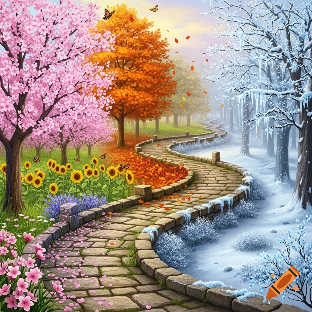 A vibrant illustration of a winding stone path dividing a landscape depicting the four seasons, from spring with pink blossoms to winter with snow.