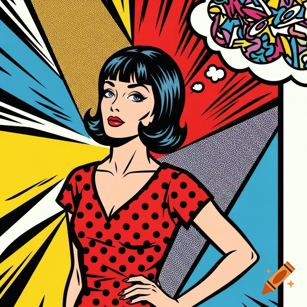 Pop art illustration of a woman with black hair and red polka-dot dress against a colorful, geometric background with a thought bubble.