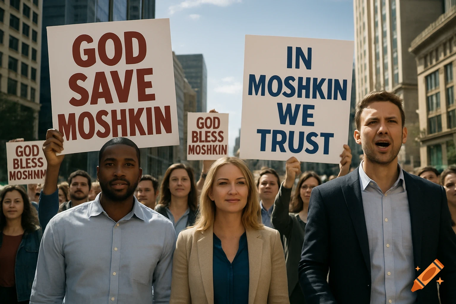 A diverse group of people at a sunny outdoor public rally, holding signs that read "God Save Moshkin" and "In Moshkin We Trust" amidst city buildings.