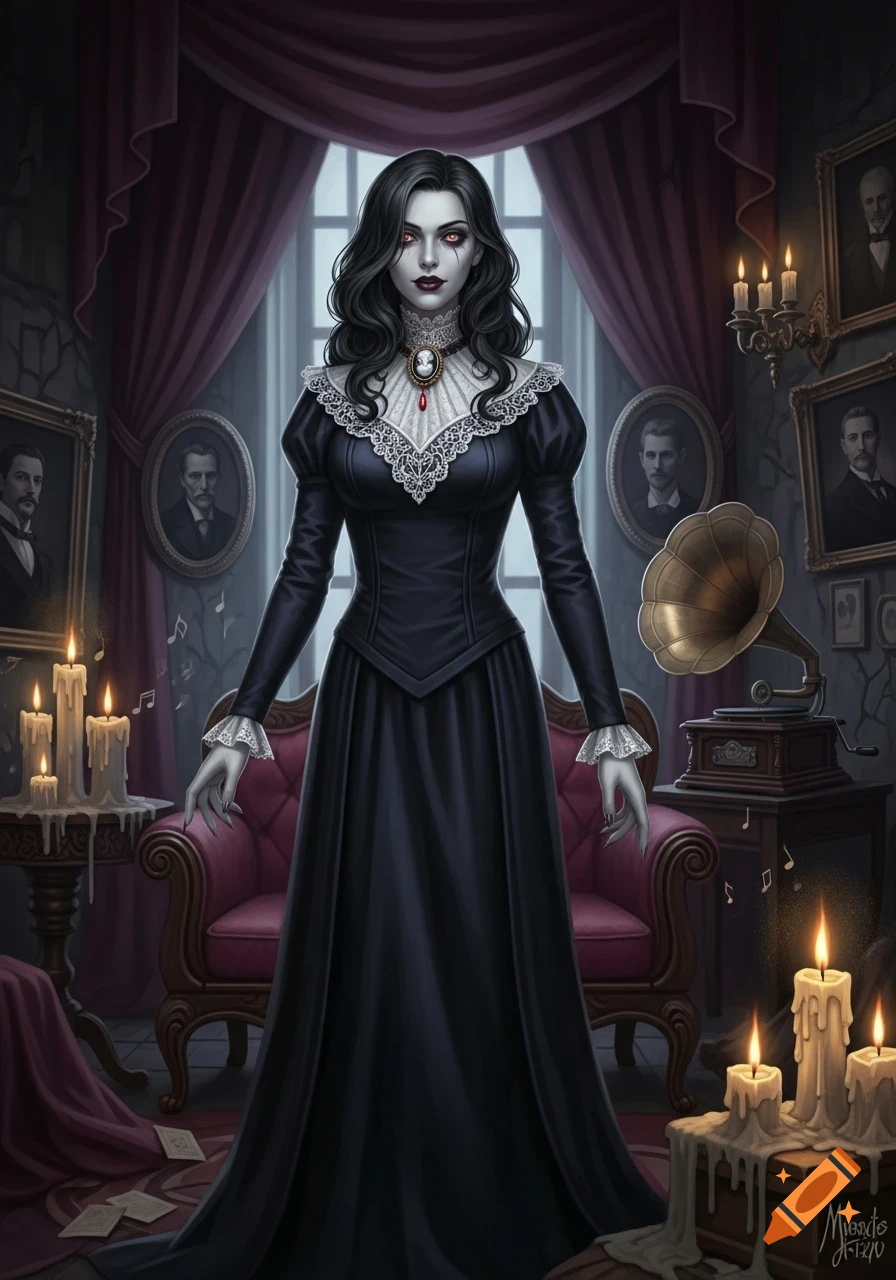 A pale, dark-haired female vampire in a black Victorian dress with red eyes stands in a gloomy gothic room with portraits, candles, and a gramophone.