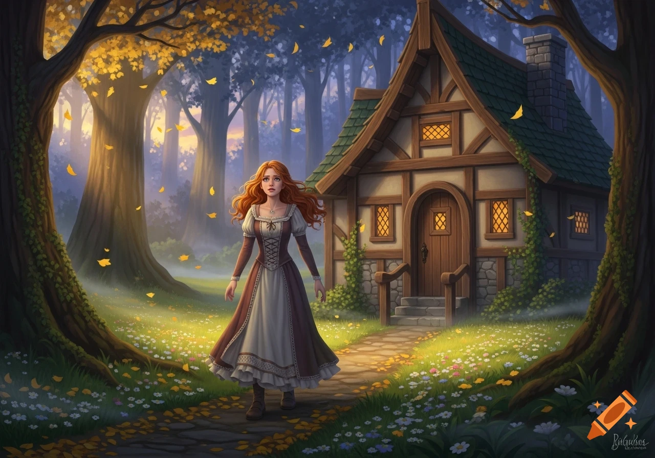 A red-haired girl in a brown and white dress walks on a path towards a cozy cottage in an autumn forest. Golden leaves fall around her.