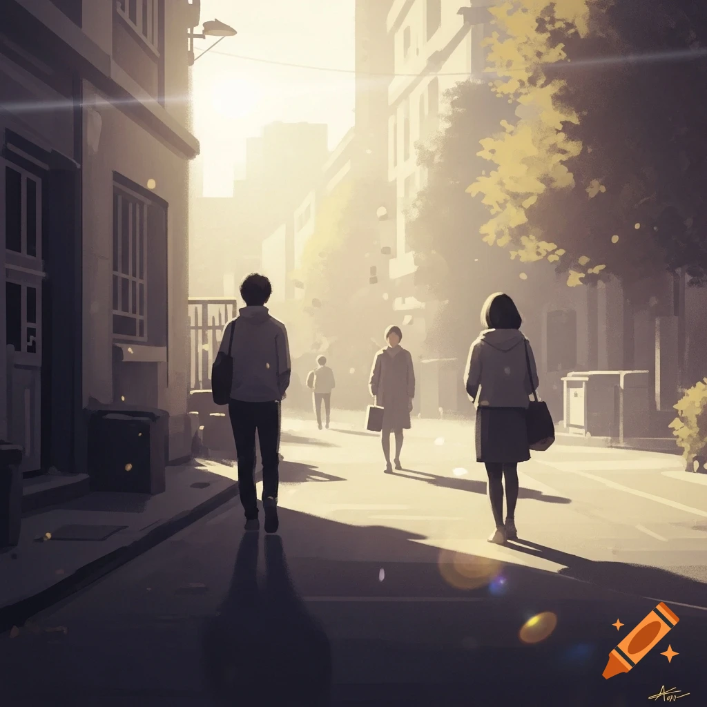 Dreamlike illustration of figures walking on a sun-drenched, hazy city street with soft, warm diffused lighting.
