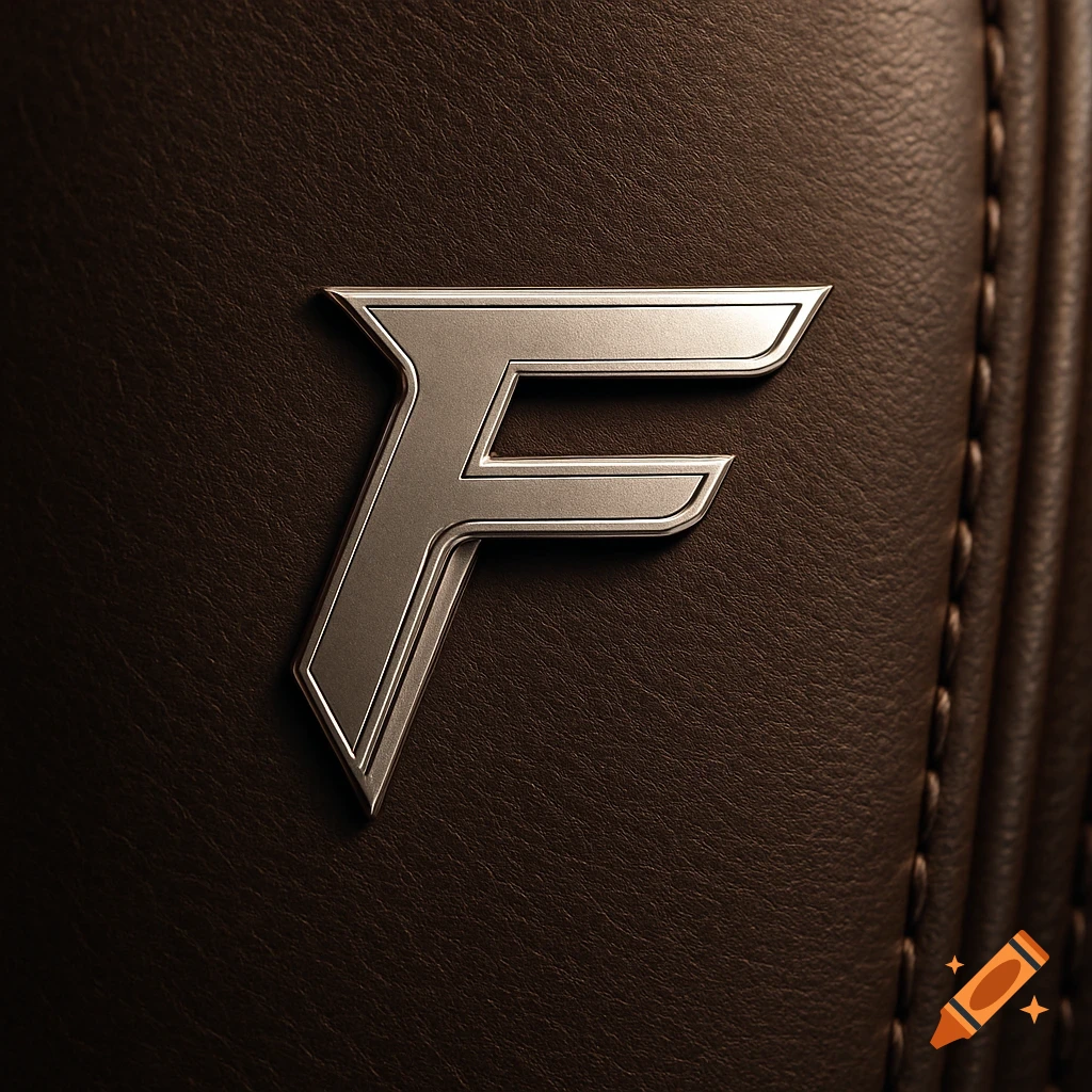 A silver metallic, stylized letter F logo embedded into a rich brown leather surface with stitching.