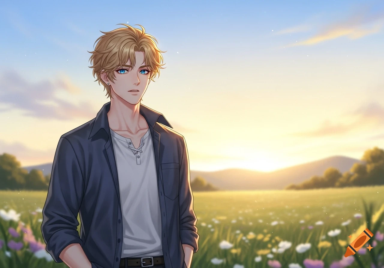 Anime illustration of a blonde young man with blue eyes in a sunlit field at sunset.