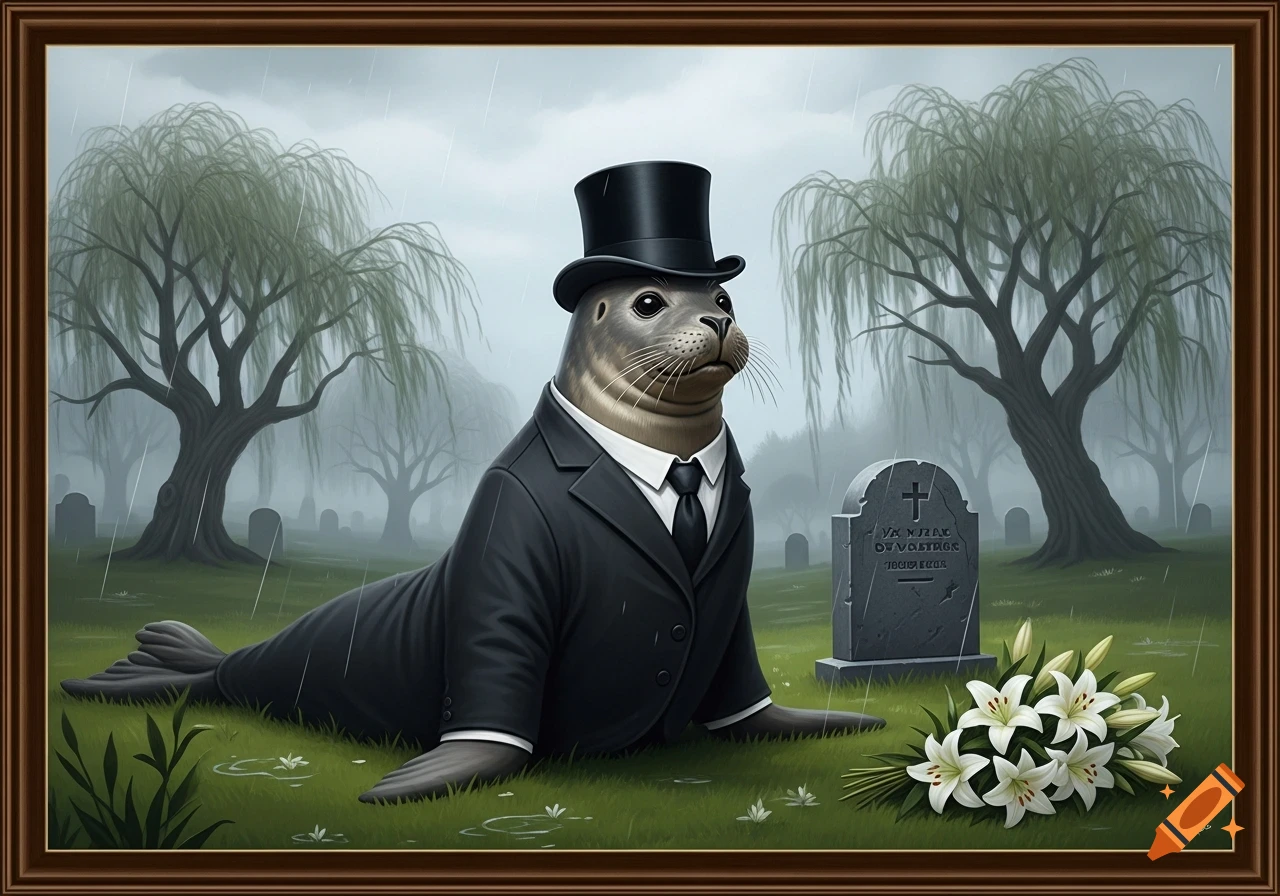 A seal in a black suit and top hat at a rainy cemetery, with white lilies near a gravestone and weeping willows.