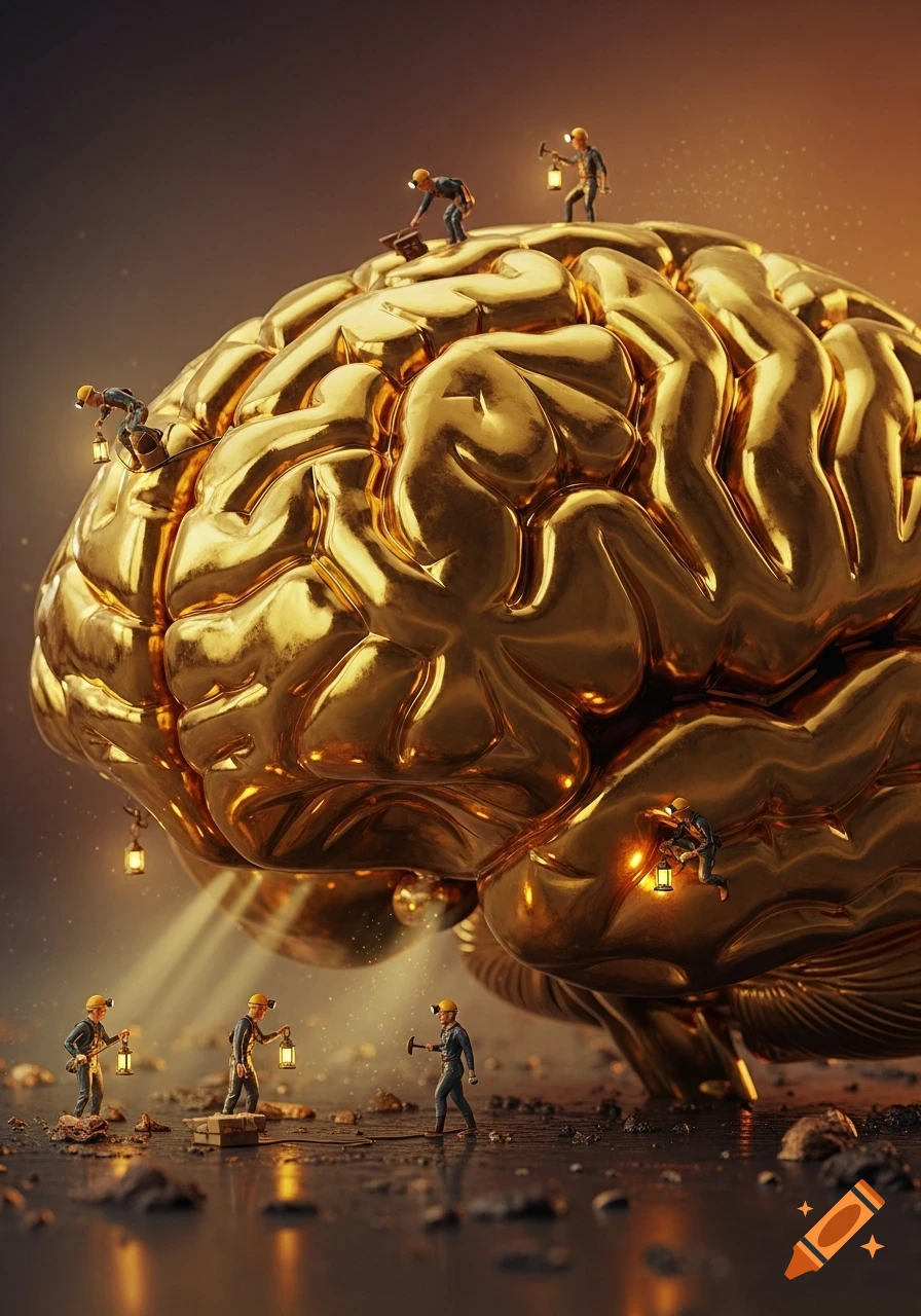 Miniature miners with headlamps and tools working on a large, glowing golden brain, creating a metaphor for intellectual discovery.