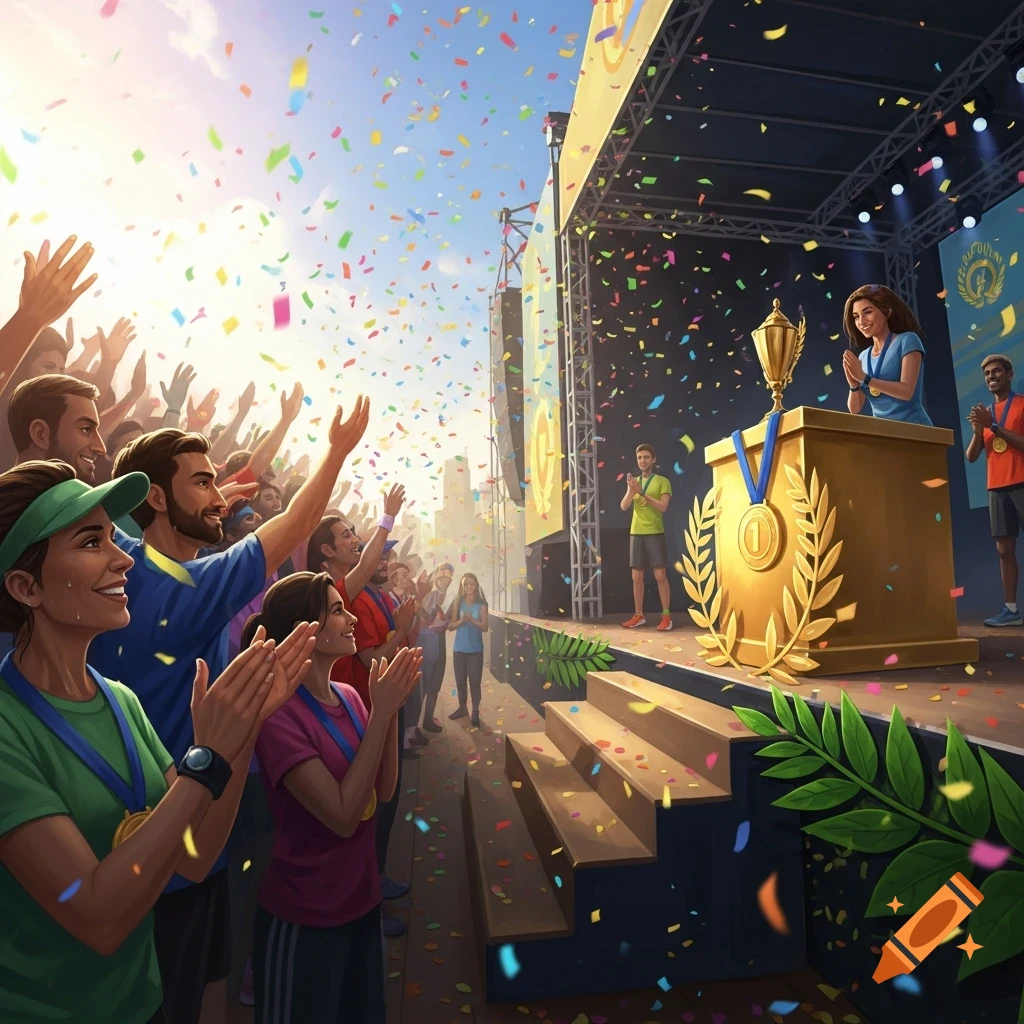 Vibrant illustration of a runner celebrating on a podium at an awards ceremony, showered in confetti with a cheering crowd.