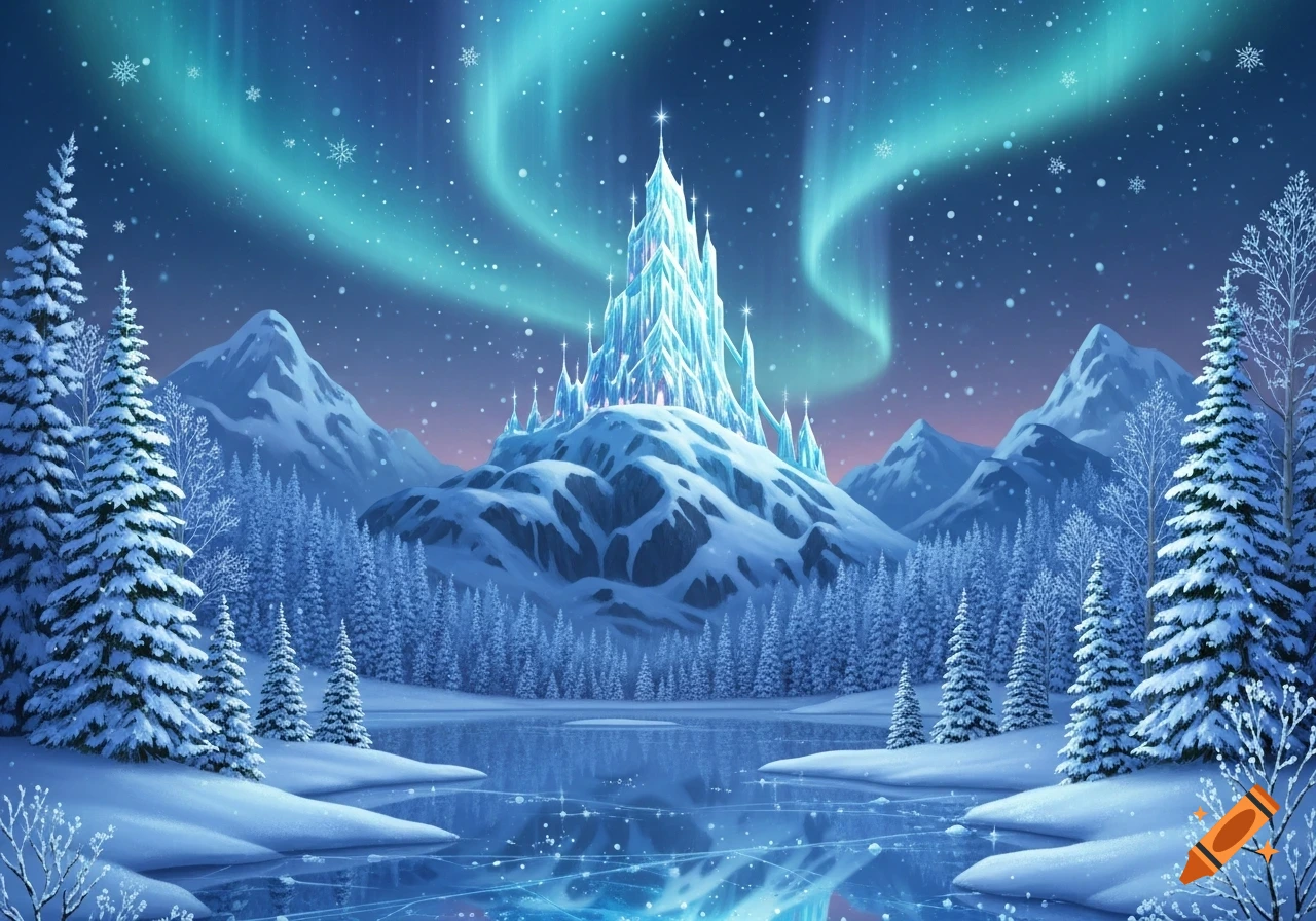 A magnificent ice castle on a snowy peak under a vibrant aurora borealis, surrounded by frozen trees and a glistening lake in a fantastical winter landscape.