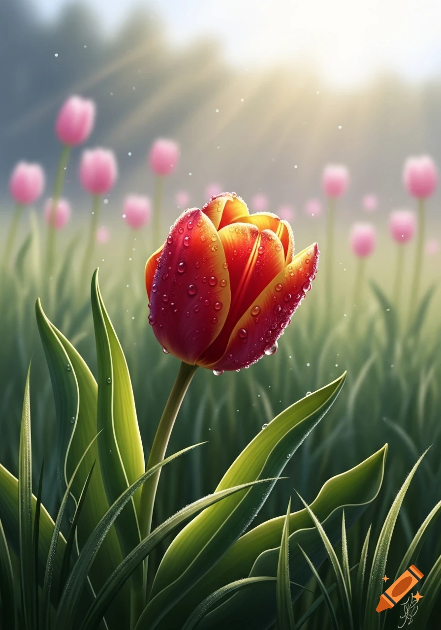 Close-up of a vibrant red and yellow tulip with dewdrops, in a field of blurred pink tulips under bright sunlight.