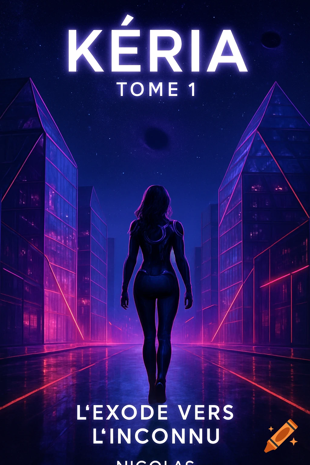 A cyberpunk book cover features a woman in a futuristic suit walking away on a neon-lit street between glass buildings, under a starry sky with a black hole.