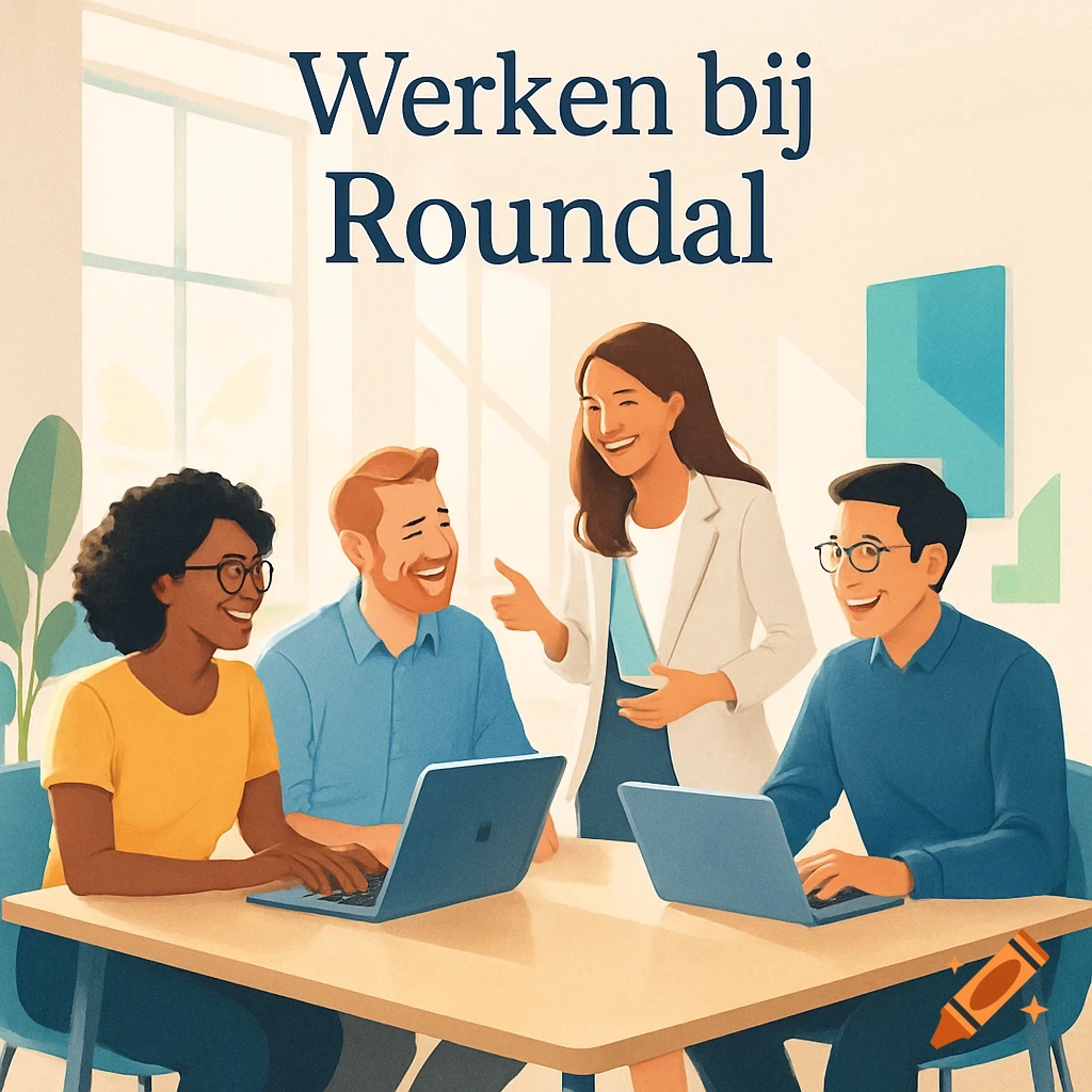 A vibrant illustration of a diverse team collaborating around a table with laptops in a bright, modern office with 'Werken bij Roundal' text.