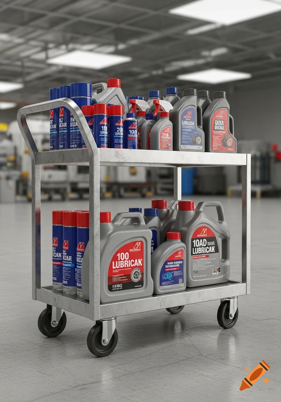 A metal trolley holding various grey and blue bottles and cans of industrial lubricants in a factory setting.