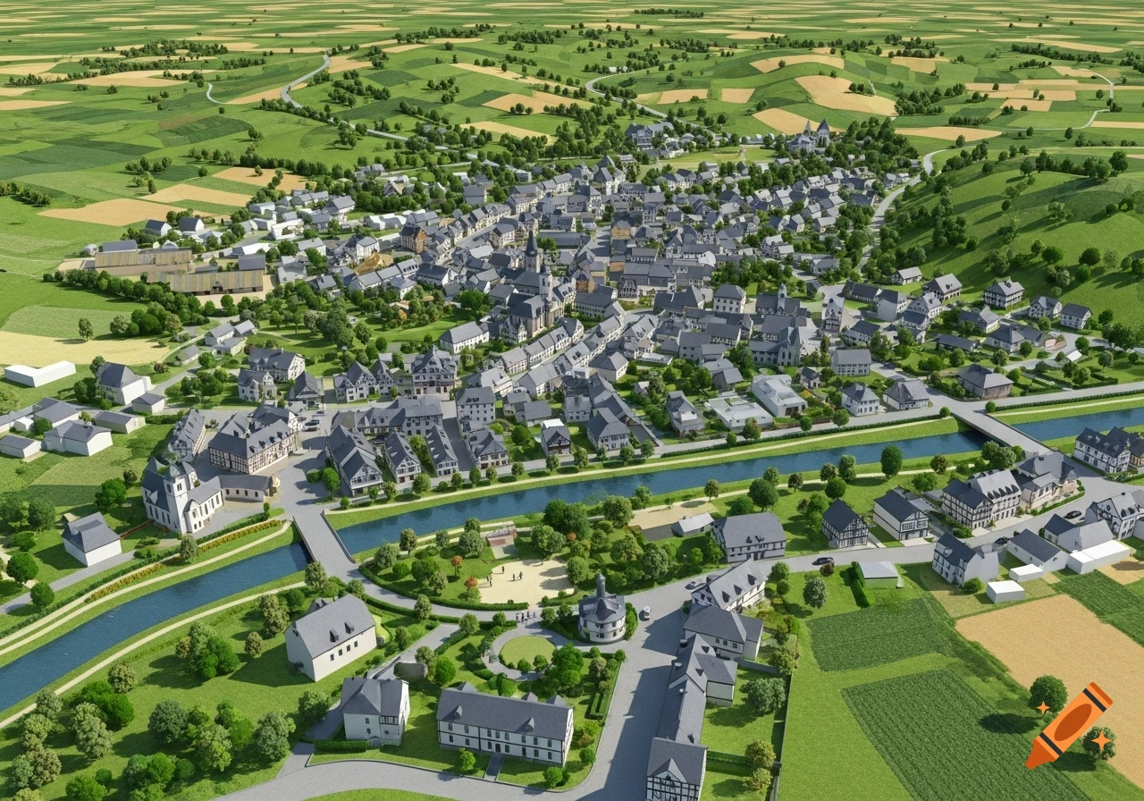 Aerial view of a picturesque European town with a river, surrounded by green fields and hills.