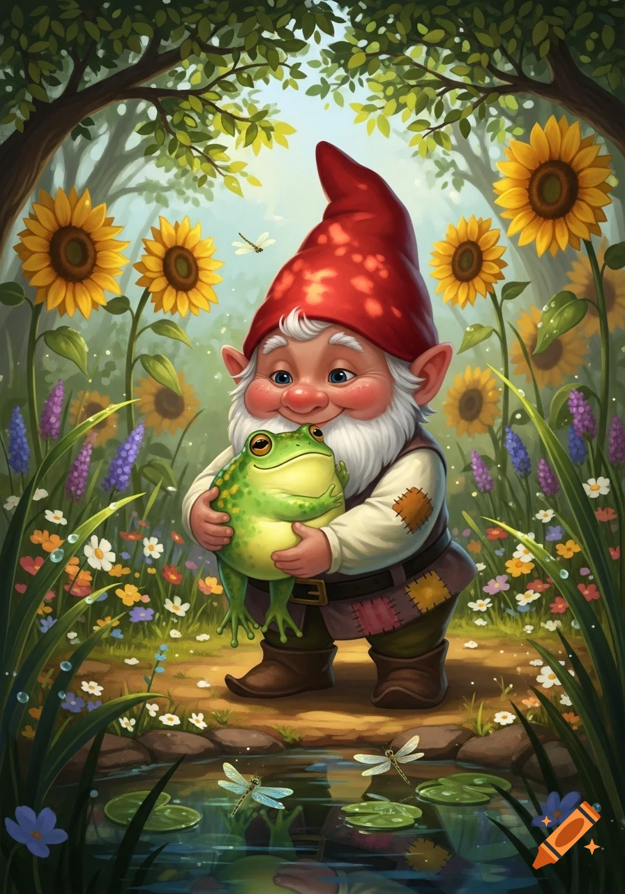 A whimsical garden gnome with a red hat and white beard lovingly holds a green frog amidst vibrant sunflowers and colorful wildflowers by a pond.