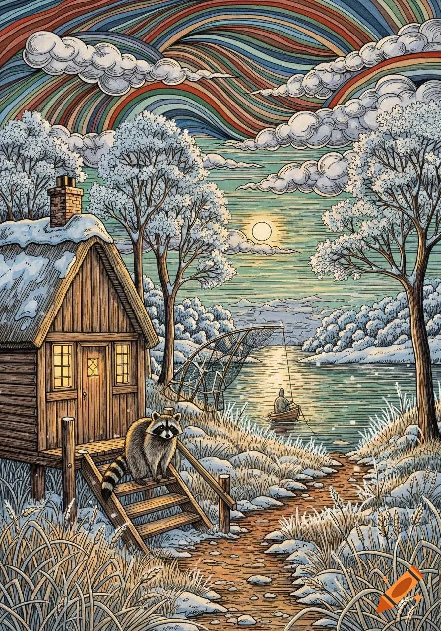 A whimsical, zentangle-style winter illustration of a raccoon on cabin steps, a fisherman in a boat on a lake, and a colorful, cloudy sky.