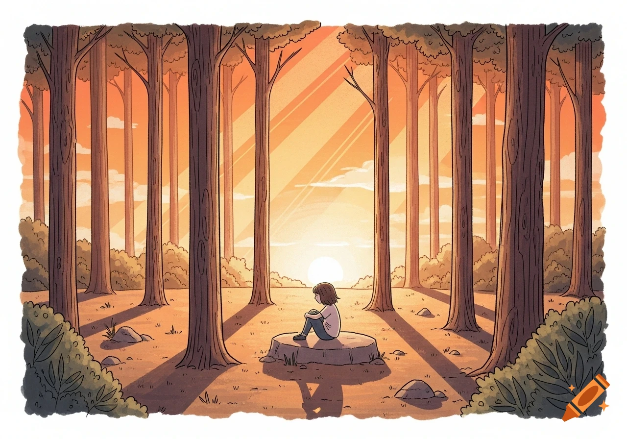 A stylized illustration of a child sitting alone on a tree stump in a forest during sunset, casting long shadows.