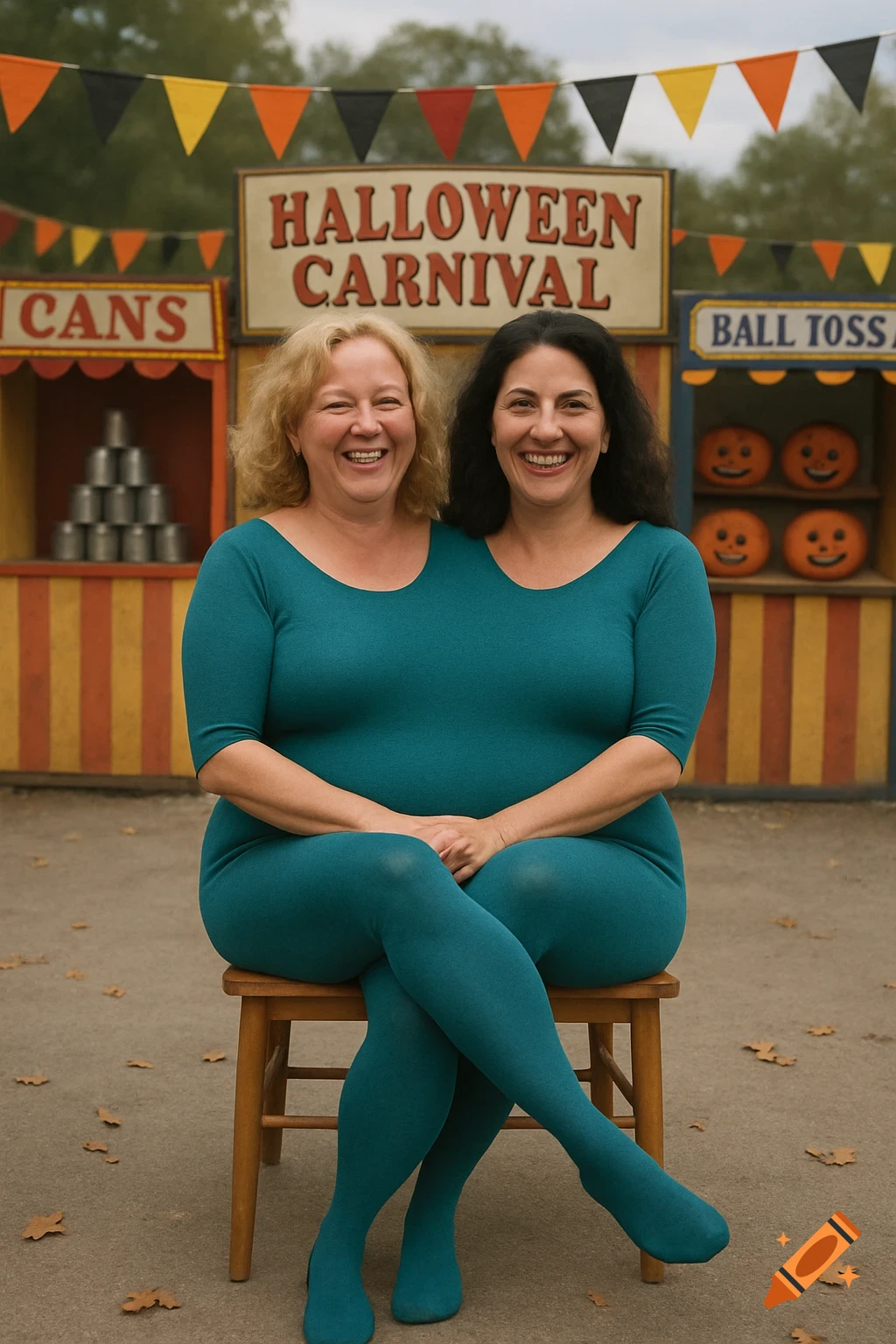 Two women, appearing as one body in a teal leotard, sit on a chair at a Halloween carnival booth.