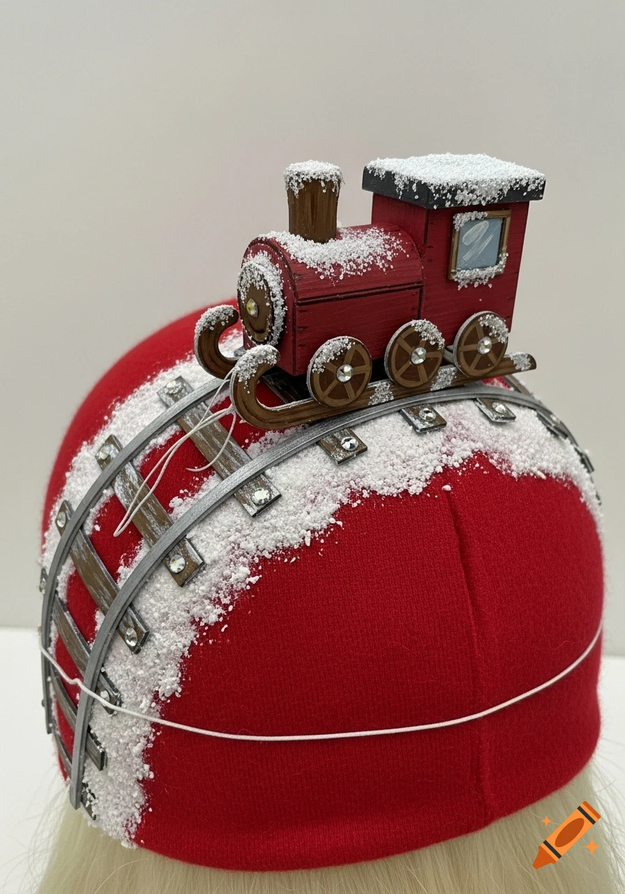 Red beanie hat adorned with a miniature snowy red toy train on tracks and glitter.