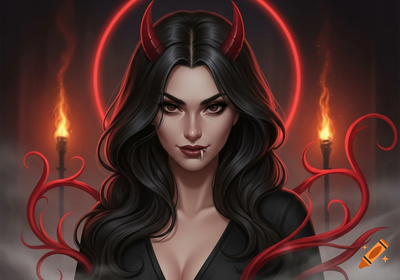 A stylized portrait of a dark-haired woman with red devil horns, a fanged tooth, and a glowing red halo, flanked by fiery torches and red tendrils.