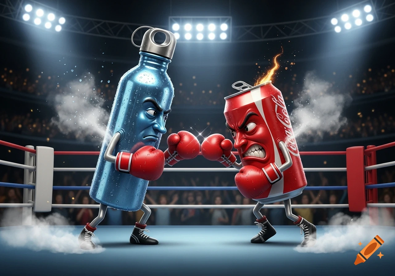 A cartoon blue water bottle and a red soda can with angry human faces and boxing gloves fight in a boxing ring.