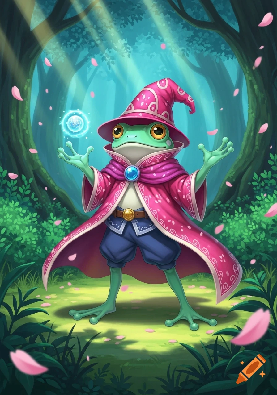 An anime-style frog wizard in a pink robe and hat holds a glowing orb in a magical forest with pink petals.