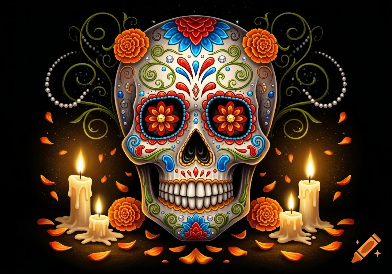 A vibrantly decorated sugar skull with intricate floral and jewel patterns, flanked by lit candles and scattered petals on a dark background.