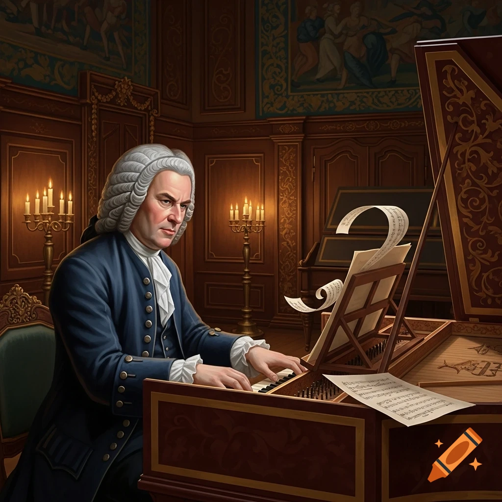 A man resembling Bach, with a white wig and blue coat, plays a harpsichord in a richly decorated room lit by candles.