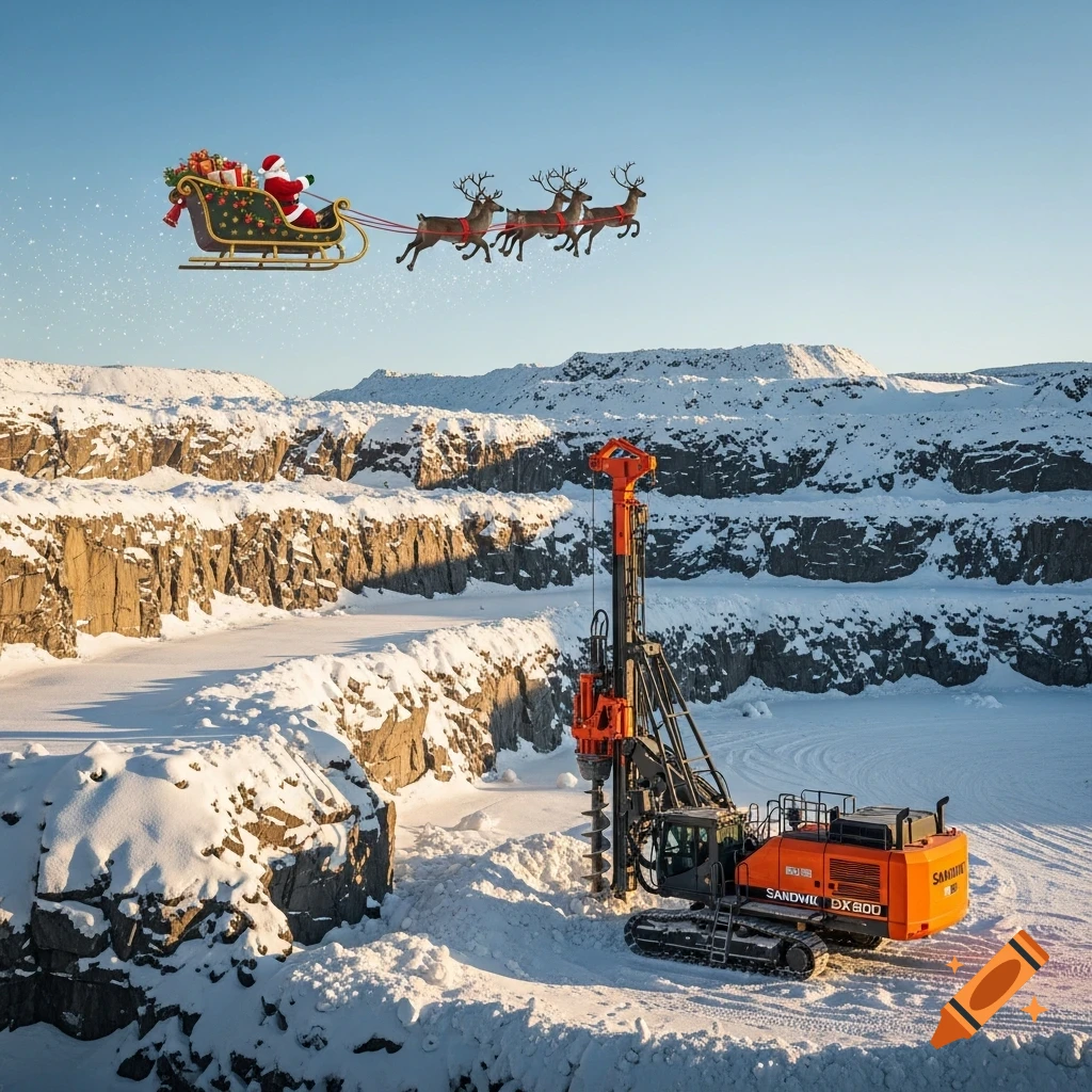Santa's sleigh pulled by reindeer flies over a snowy quarry where an orange Sandvik DX800 drilling rig operates.