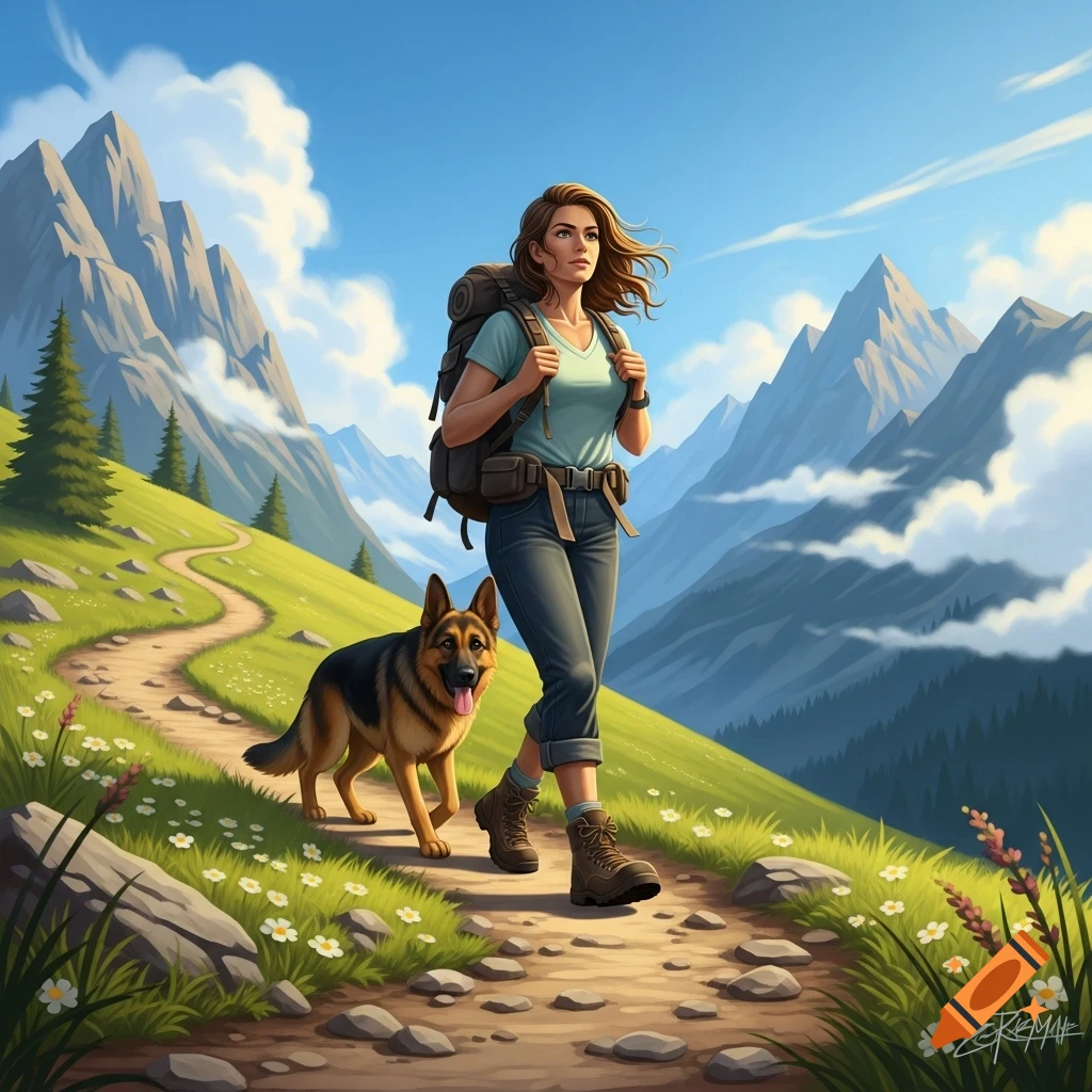 An illustrated scene of a woman hiking with a German Shepherd on a winding mountain trail under a blue sky.