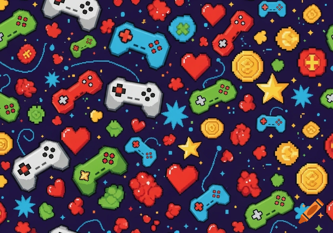 Seamless pixel art gaming background with colorful controllers, hearts, coins, and stars on a dark blue backdrop.