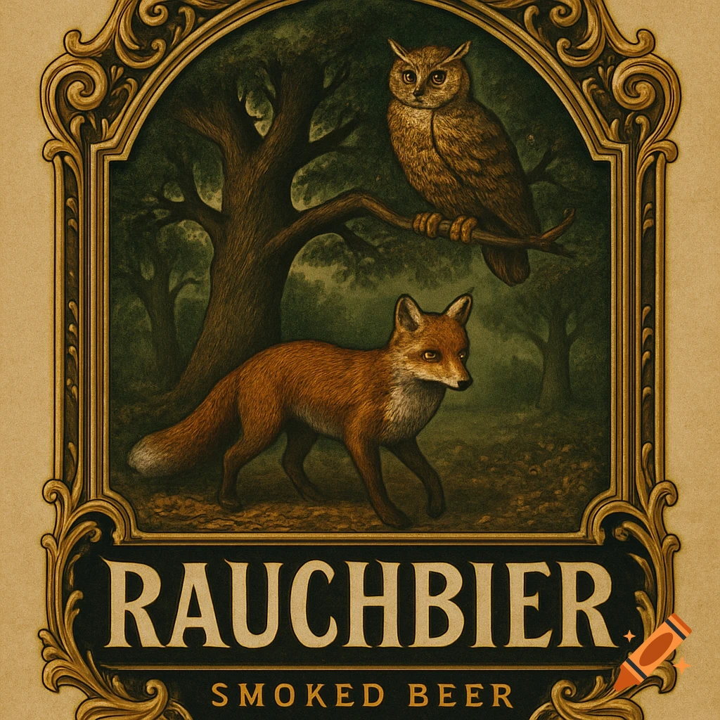 Vintage art beer label with an owl on a branch and a fox in a forest, framed by ornate gold, text 'RAUCHBIER SMOKED BEER'.