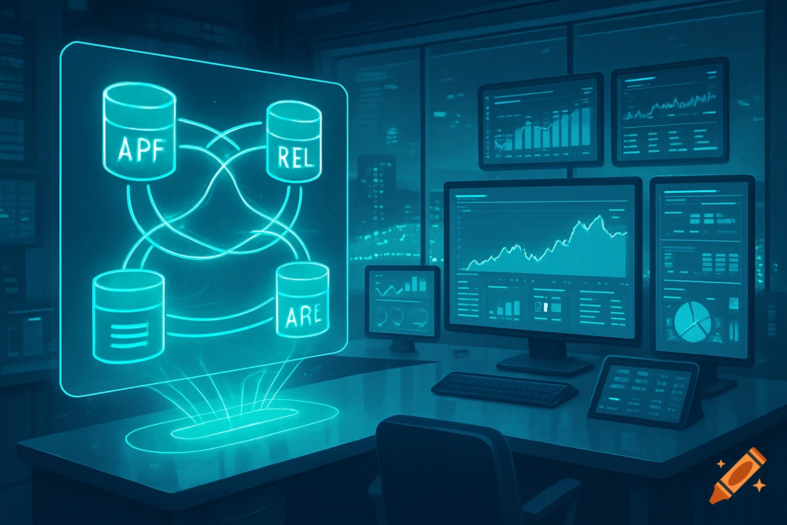 High-tech office with glowing data network diagram on a desk, multiple monitors displaying graphs and charts, in a dark, modern setting.