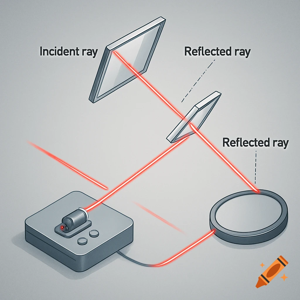 A scientific diagram showing a red laser beam reflecting off two mirrors before hitting a circular target, labeled with 'Incident ray' and 'Reflected ray'.