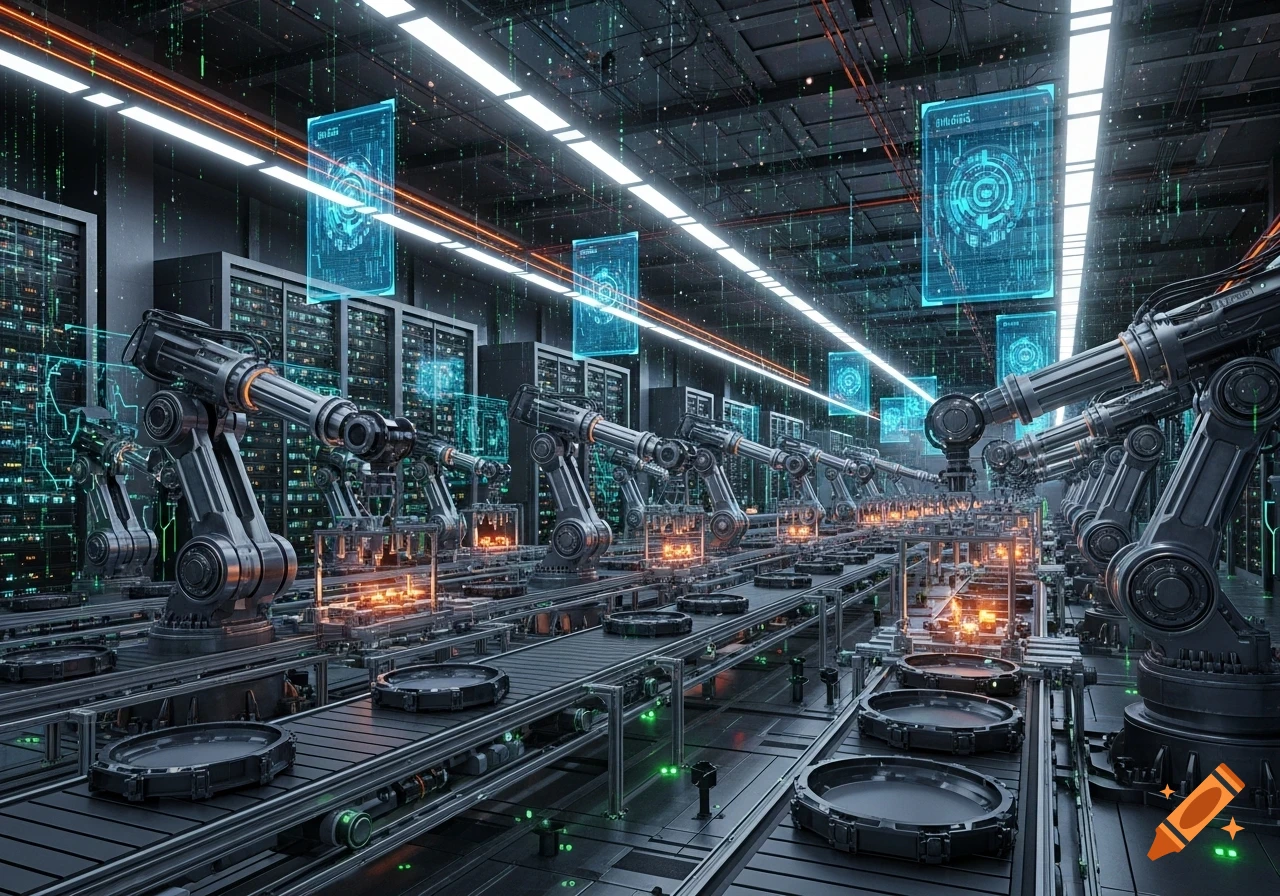 A futuristic factory with robotic arms, conveyor belts, glowing holographic screens, and server racks, symbolizing industrial AI.