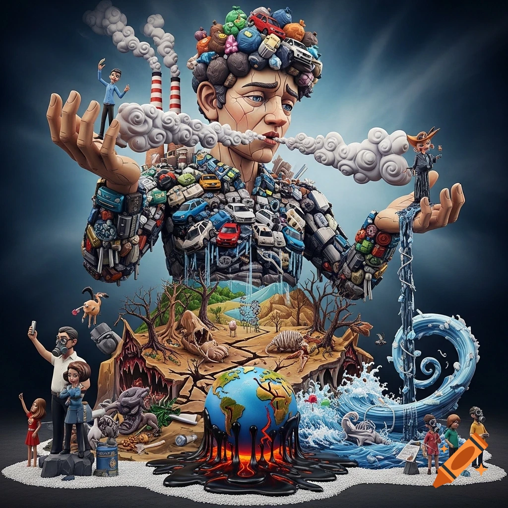 A giant, sad human figure made of trash, cars, and smoke pollutes a dying Earth below, featuring cracked land, oil spills, and suffering animals.